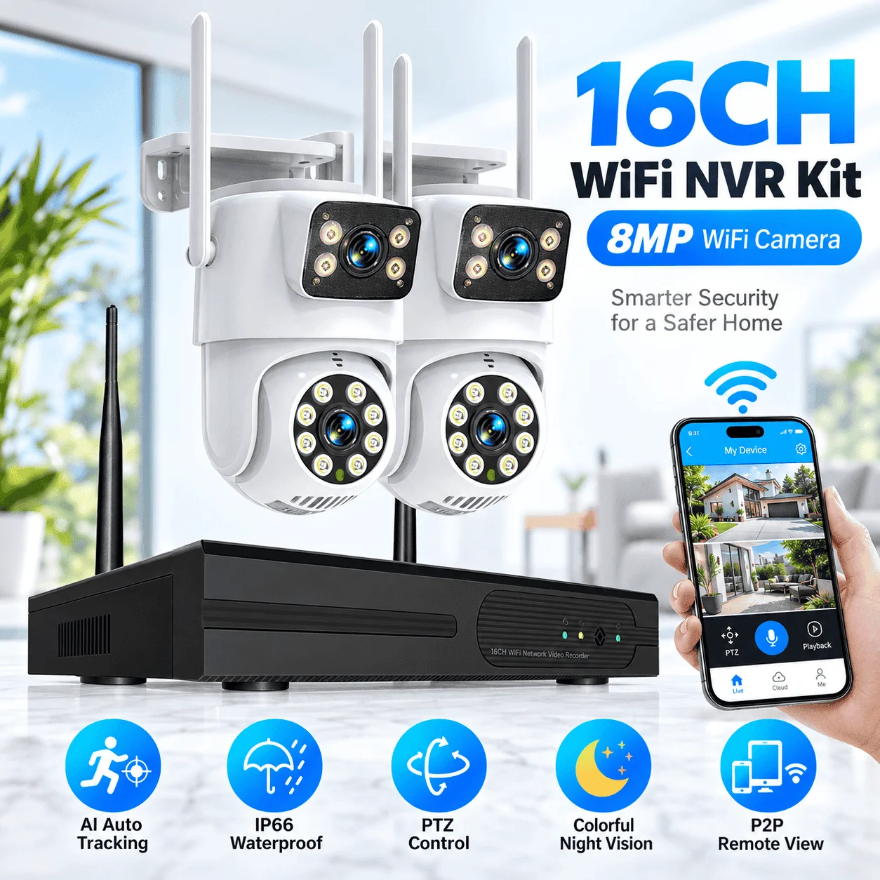 Sistema di sicurezza con telecamera PTZ WiFi 8MP a doppia lente 4K 2CH wireless e kit NVR WiFi 5MP 16CH, supporta telecamere PTZ da esterno con tracciamento automatico, visione notturna, IP CCTV per