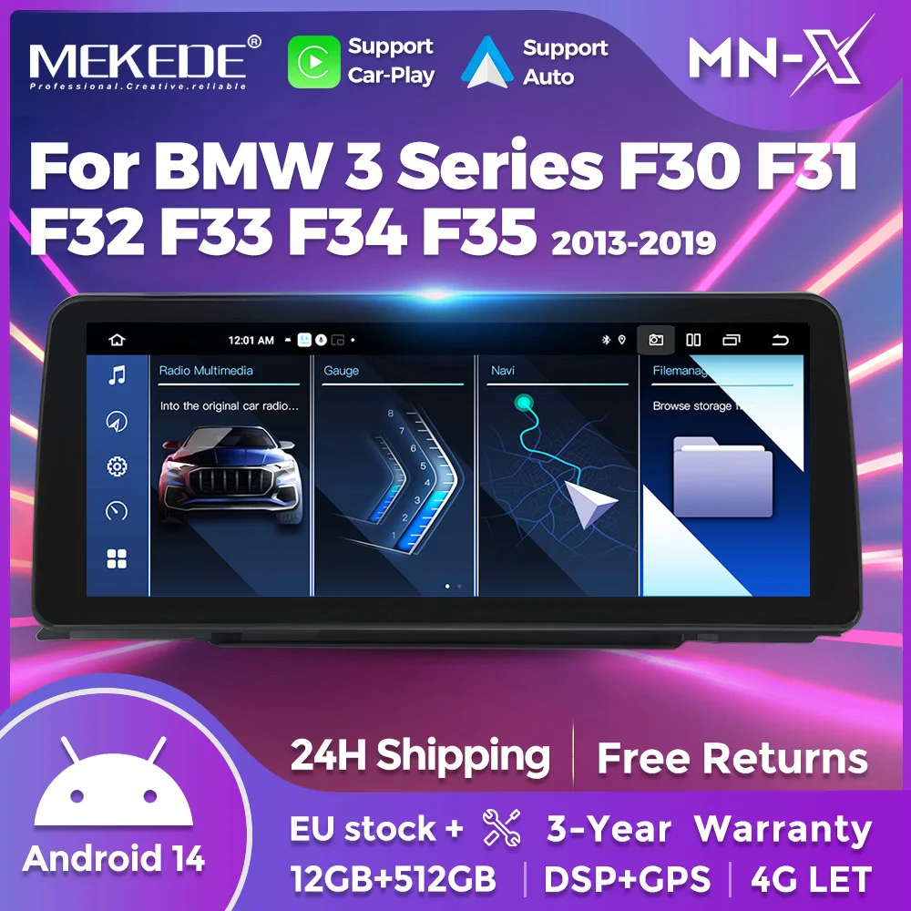 Autoradio Android sans fil Carplay 12.3 pouces, pour BMW série 3/4 F30 F31 F32 F33 F34 F36, Navigation GPS DSP BT, lecteur vidéo de voiture