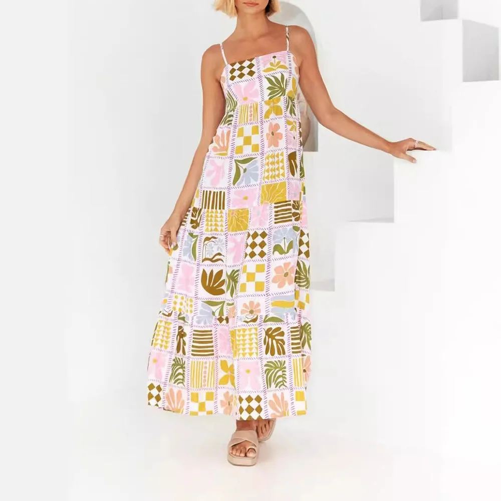 Women's Fresh Printed Back Cutout Sling Dress Graffiti Graphic Boho Maxi Dresses Spaghetti Strap Beach Flowy Pink Sundress Summe