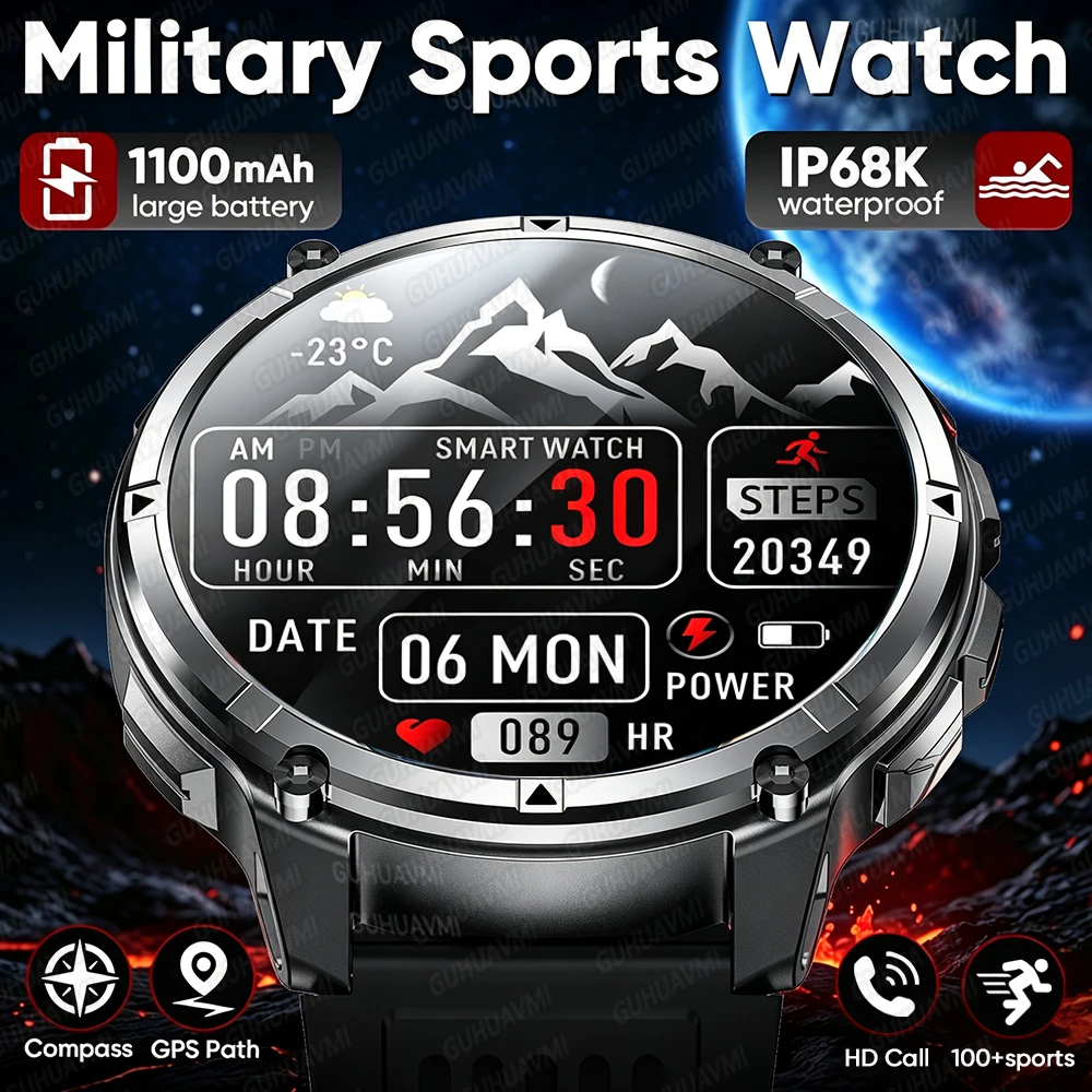2026 nouvelle batterie militaire 1100mAh montre intelligente Bluetooth appel IP68 boussole imperméable lampe de poche fréquence cardiaque 1,7 pouces écran d'affichage HD en plein air sport fitness montre intelligente pour les hommes