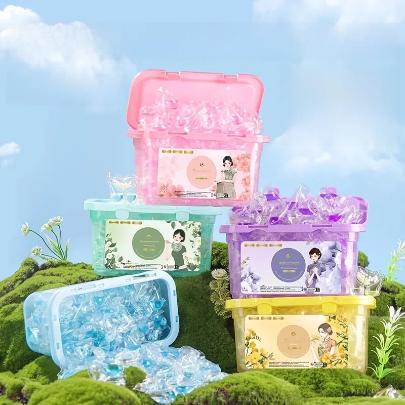 Pacs de détergent à lessive 3 en 1 de haute qualité, parfum longue durée pour l'élimination des taches et des odeurs, boîtes en plastique transparentes avec couvercles, 80 pièces