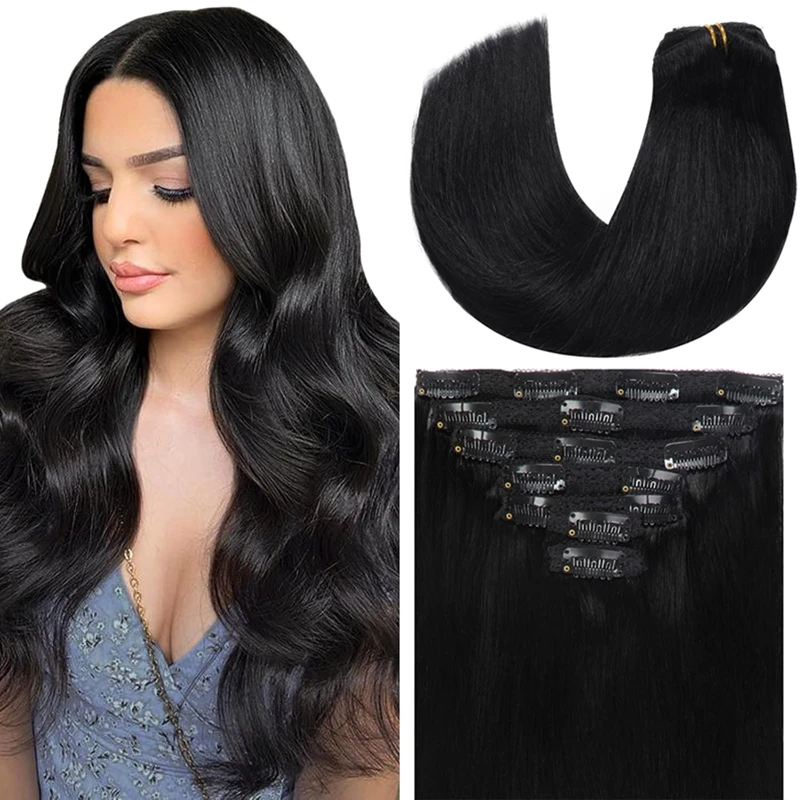 Clip in Hair Extensions Remy Human Hair Silky Straight Clip in Hair Extensions Human Hair #1B Natural Black 120g 8 Piece Set