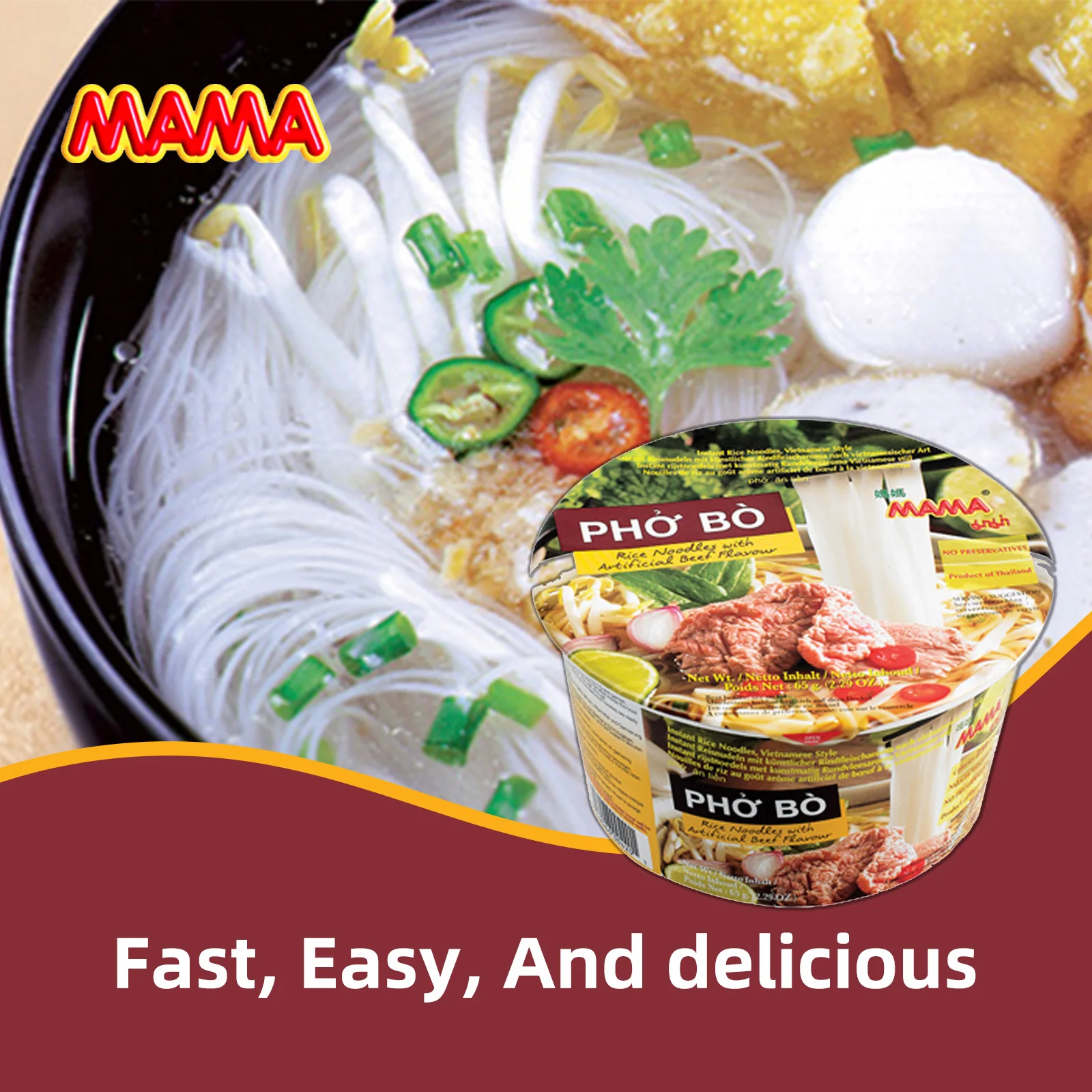 MAMA Pho Bo Instant Beef Soup Bowl Noodle In 2.29 Ounce (Pack of 6)