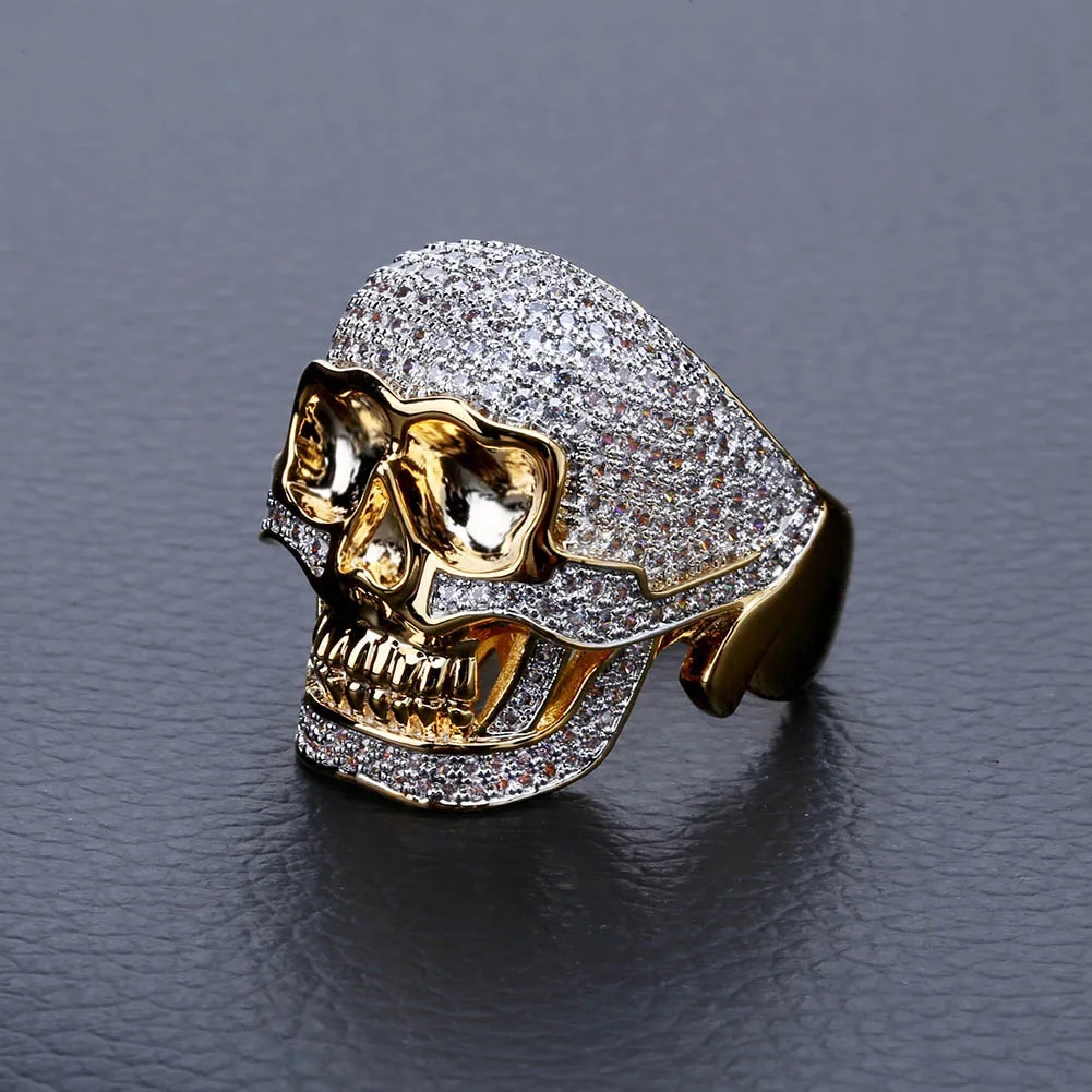 

Personality Hot Selling Vintage Skull Engraved Skeleton Design Horrible Brass Gold Plated Zircon Punk Style Bling Iced Out Rings