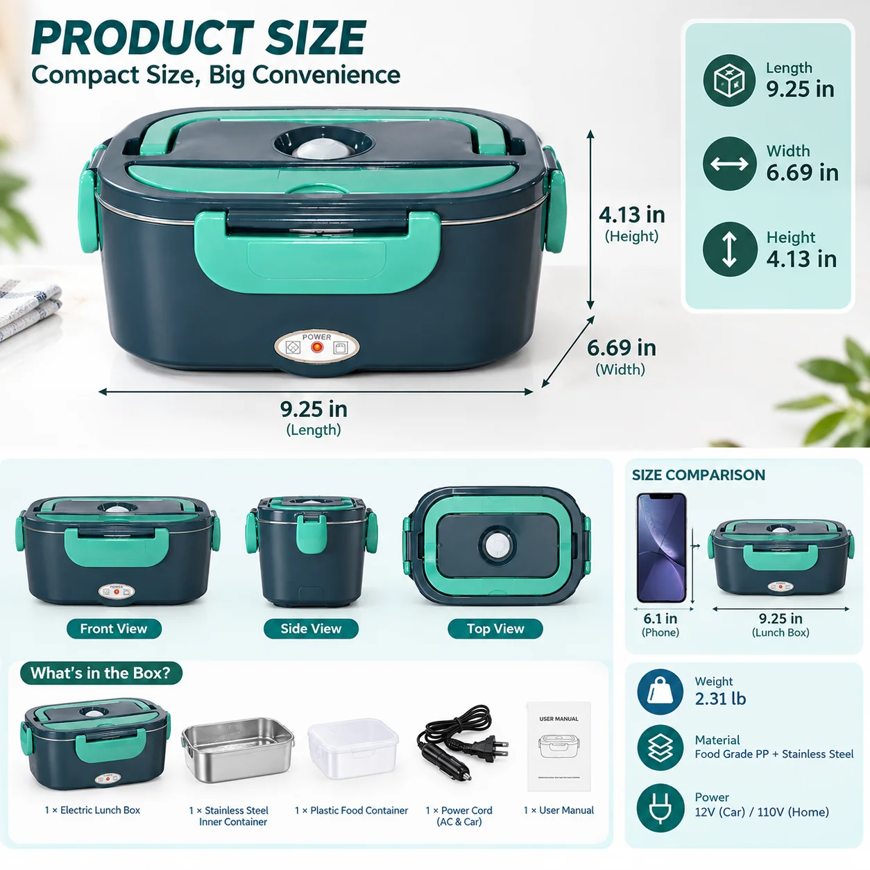 Self-Heating Bento Container Featuring A Detachable Power Cord, An Airtight Seal, And A Divided Tray For Balanced Meal Prep