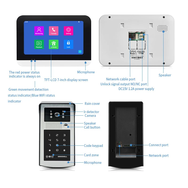 Timbre Digital con detección de movimiento, intercomunicador inteligente con WiFi, pantalla HD de 7 pulgadas, 1080P, puede grabar fotos y vídeos,