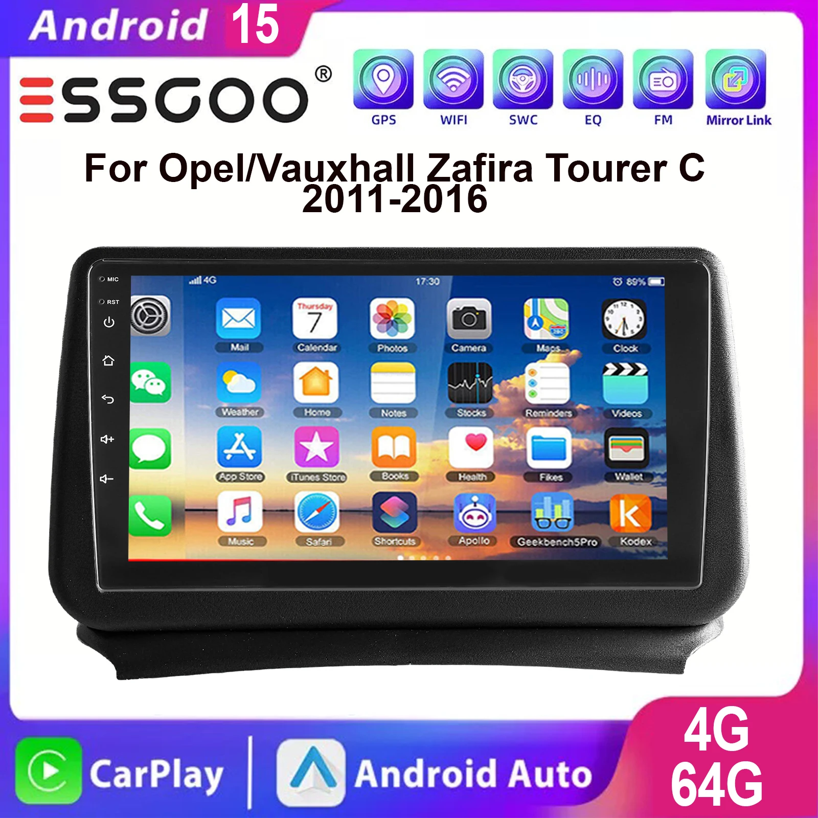ESSGOO 9 Zoll IPS Touchscreen GPS Navigation Für Opel/Vauxhall Zafira Tourer C 2011-2016 Autoradio Android auto Android 15 Apple Carplay WIFI Bluetooth FM USB Spiegellink ASP-Sound