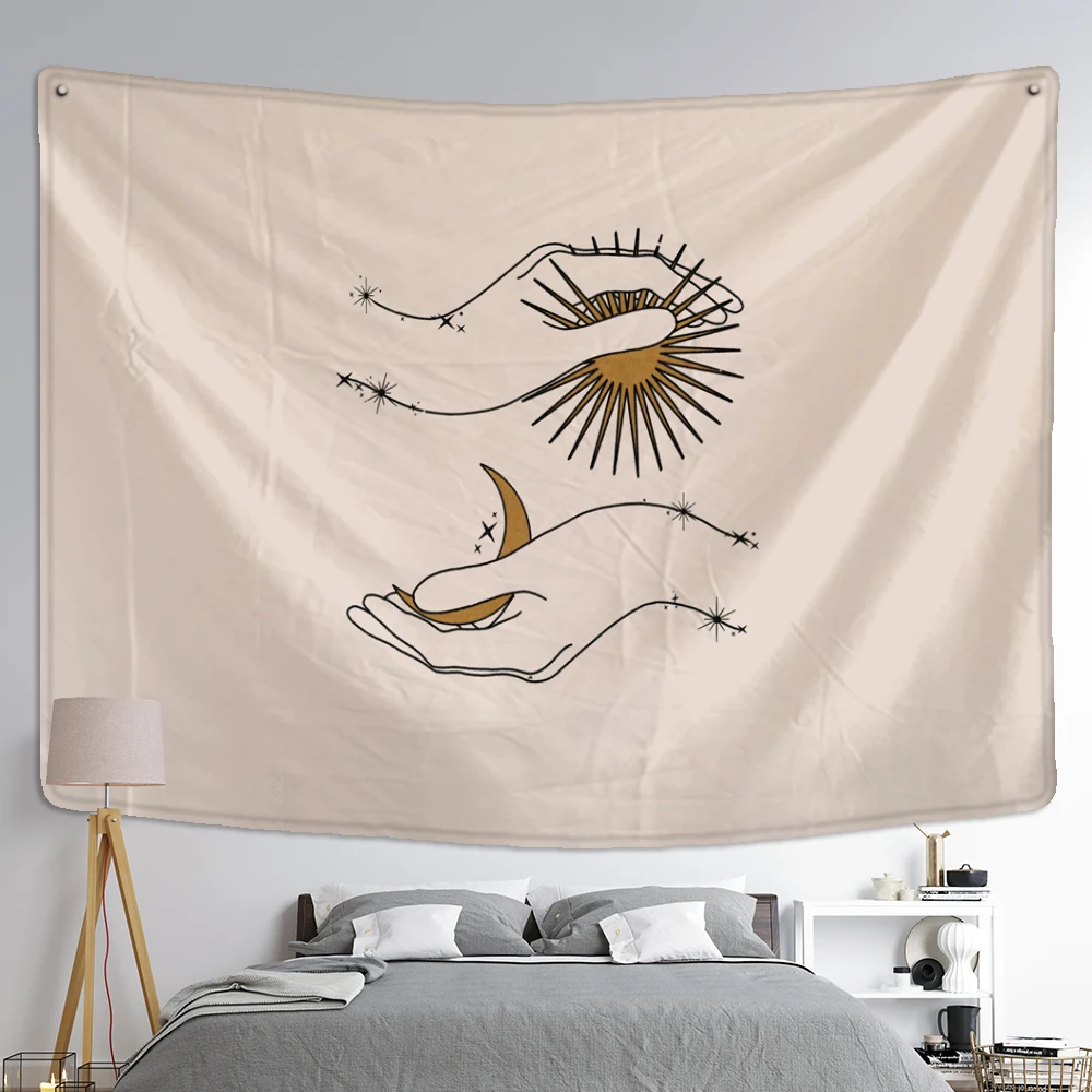 Sun And Moon Line Illustration Tapestry Wall Hanging Psychedelic Witchcraft Hippie Tapez Simple Dormitory Home Decor