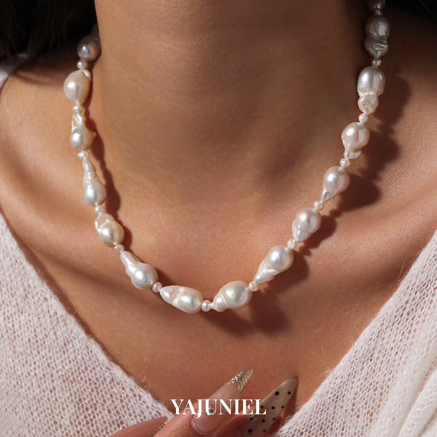 

YAJUNIEL Genuine Freshwater Baroque Pearl Necklace for Women Hypoallergenic Natural Pearl Choker with Adjustable Silver Clasp