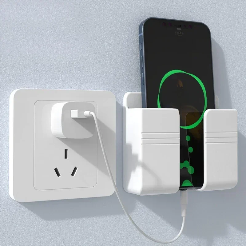 Support mural pour téléphone portable, blanc, sans poinçon, support de chargement pour téléphone portable, boîte de rangement pour télécommande paresseuse et collante