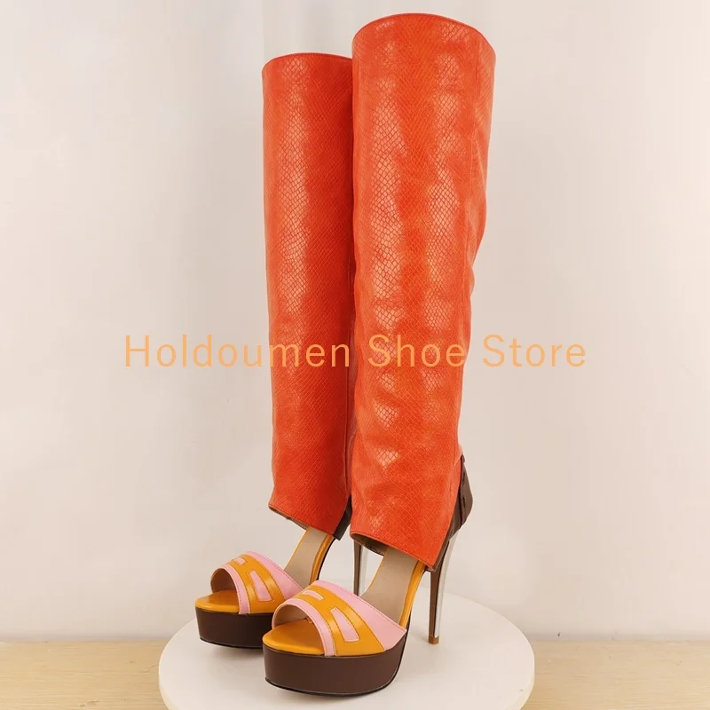 

Women Trendy Sexy Peep Toe Slip On Stiletto Long Boots Summer Night Street Wander Boot Mixed Color Platform Cut Out Sandal Boot