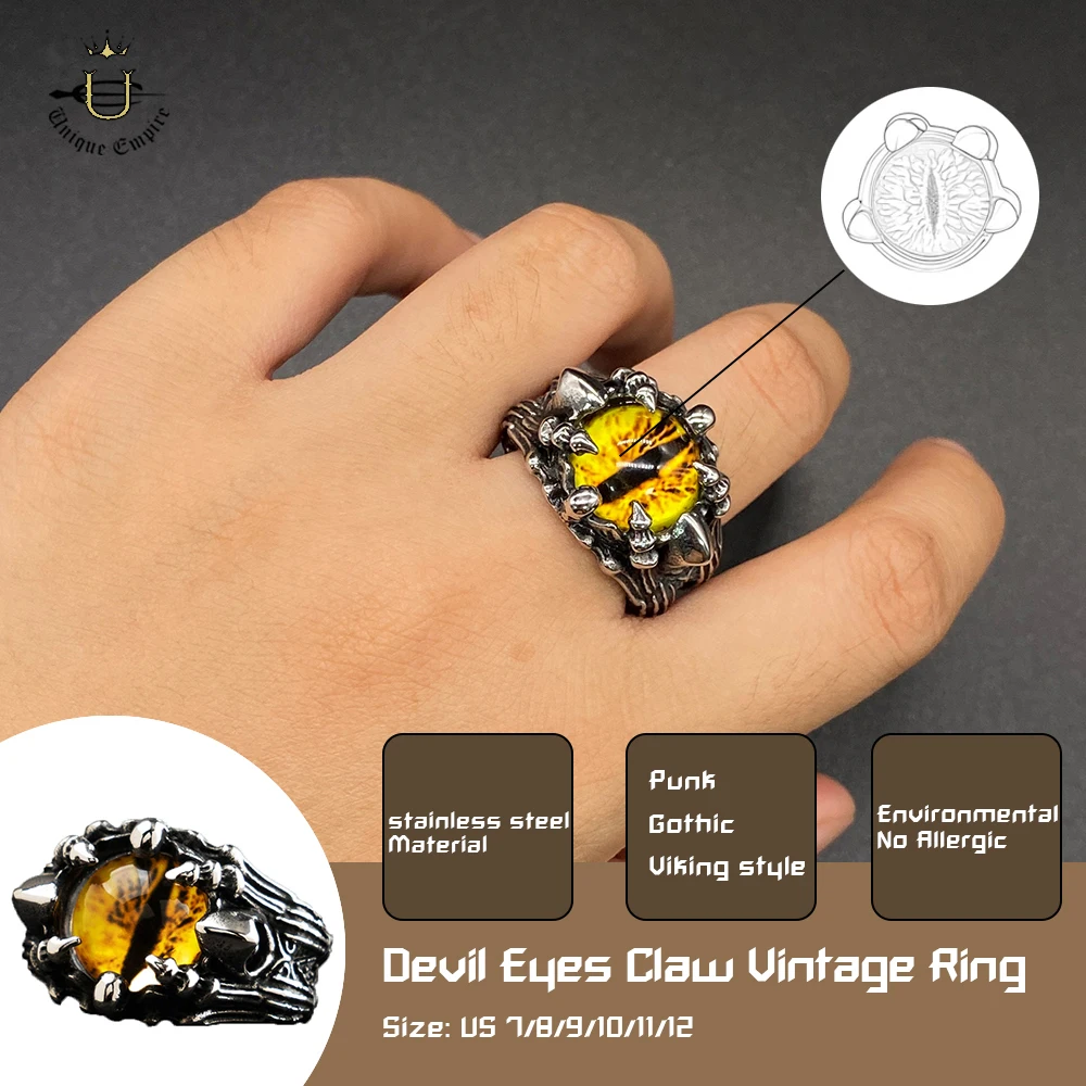 The Devil Eyes Dragon Claw Ring For Men Death Skull Claw Yellow Zircon Eye Stainless Steel Men's Bands Domineering Fashion Jewel