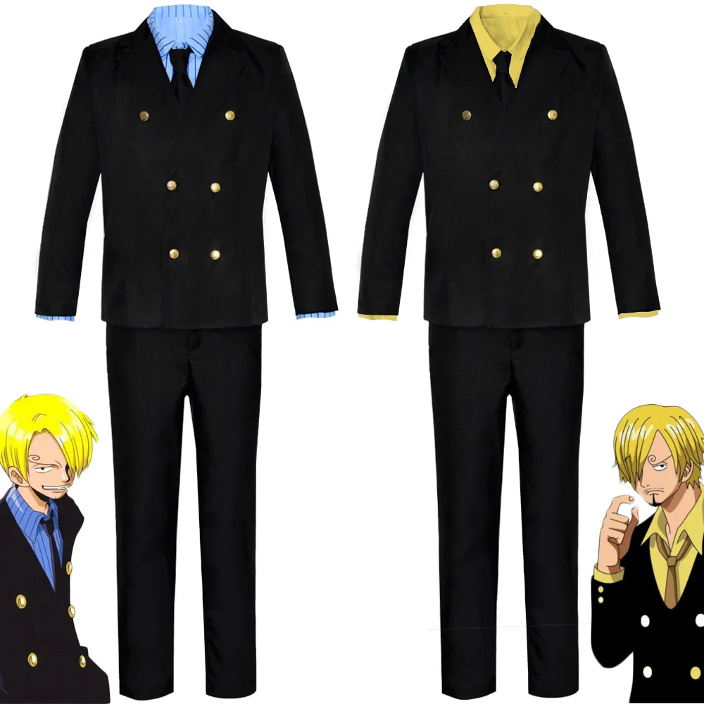 

1 Piece Sanji Cosplay Costume Full Set, Male Black Double-Breasted Suit Uniform , Two Styles Yellow/Blue Shirt Gentleman Outfit