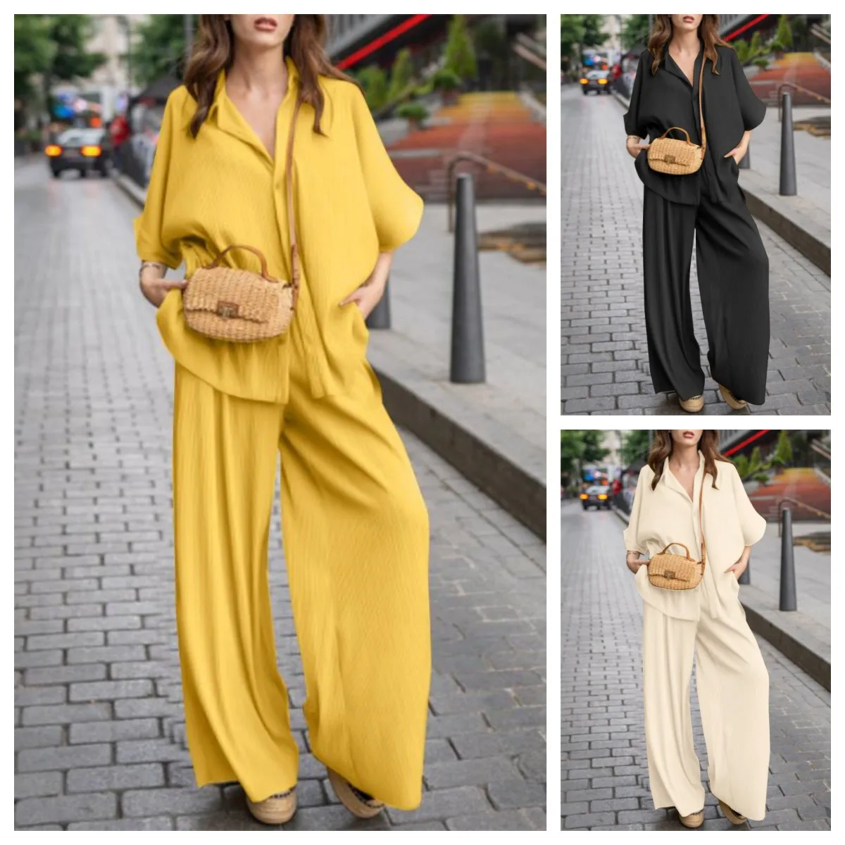 Ladies Blouse Shirt Wide-Leg Pant Suit Set Loose Casual Female Women Solid Short Sleeve Blouse Top Pant Sport Outfit Plus Size