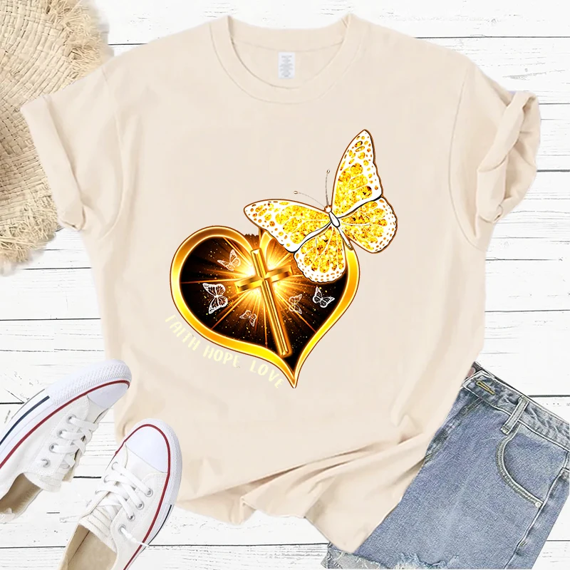 Short Sleeve Faith Hope Love Butterfly Y2K Fashion Summer Women Print T Shirt Female Casual Tshirt Cartoon Graphic T-Shirt S-184