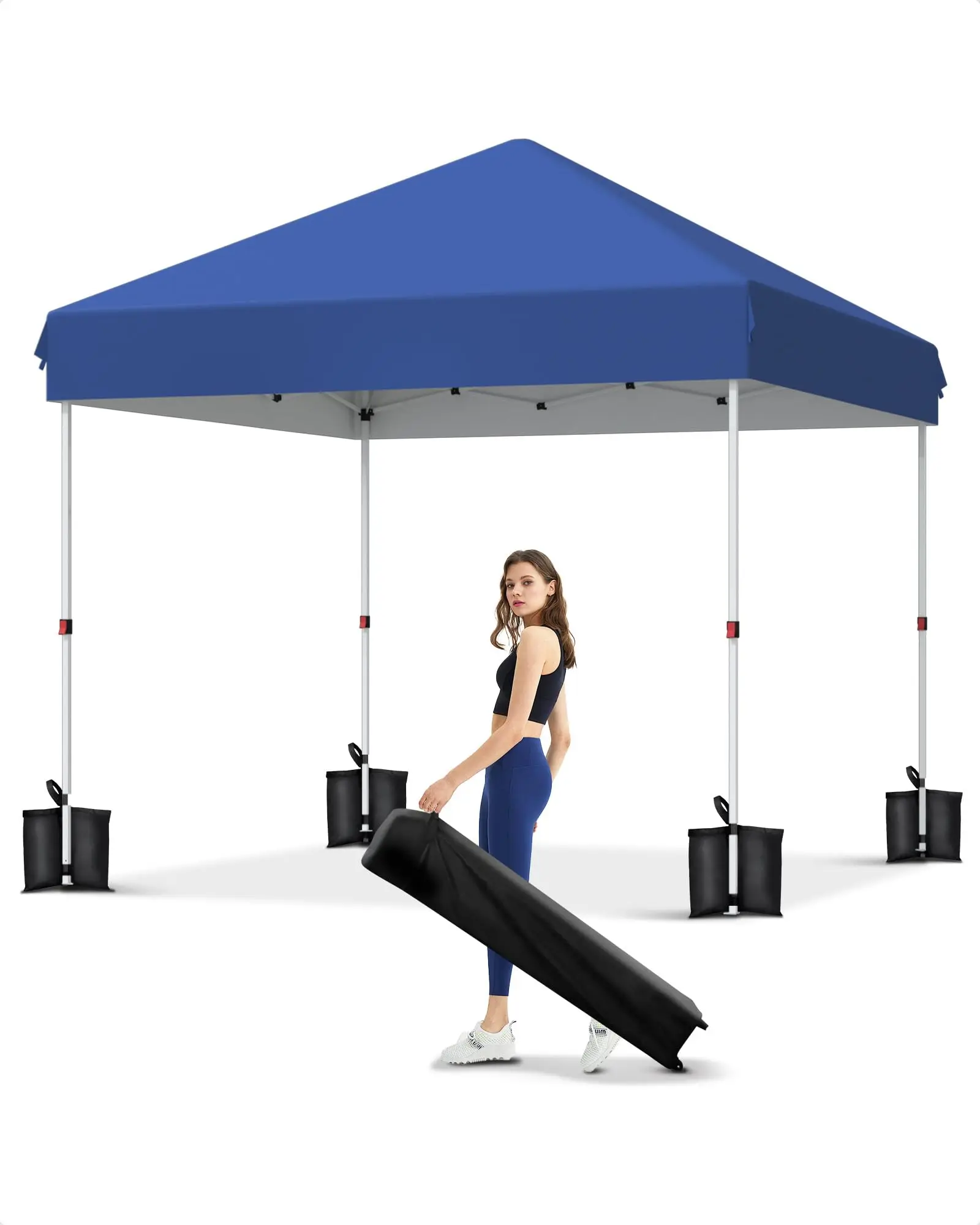 10x10 Pop Up Canopy with One Button Push Setup - Heavy Duty Outdoor Canopy Tent with Portable Roller Bag - 3 Adjustable Height, 4 Weight Bags, 8 Stakes & 4 Guy Ropes Included, Blue