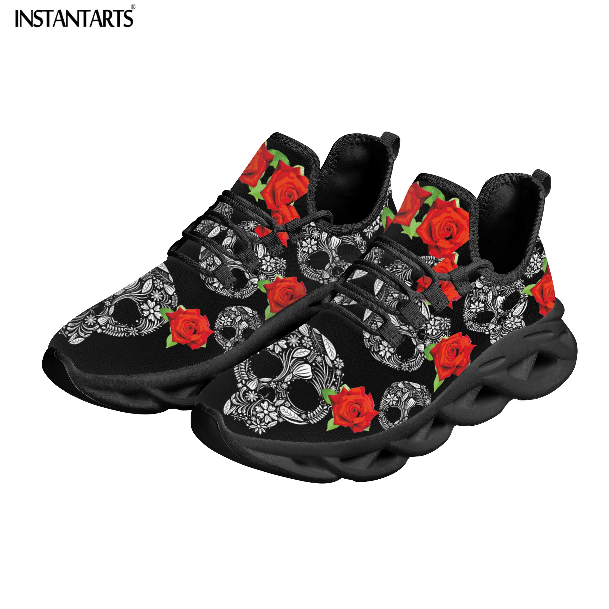 INSTANTARTS Fashion Sneaker for Women Rose Skull Design Personality Casual Lightweight Flat Running Shoes Girls Footwear Durable