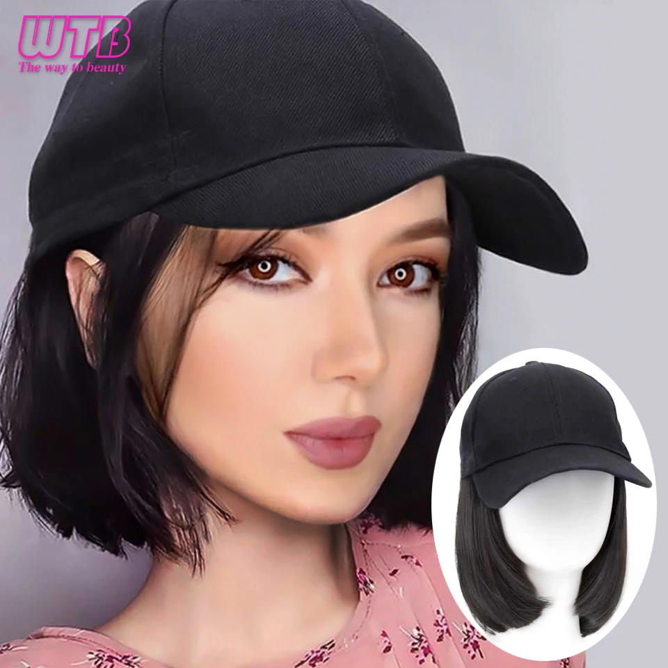 WTB Synthetic Natural Wigs Hat Seamless Connection Hair Extension for Women Wigs Short Bob Baseball Cap Wig Adjustable Black