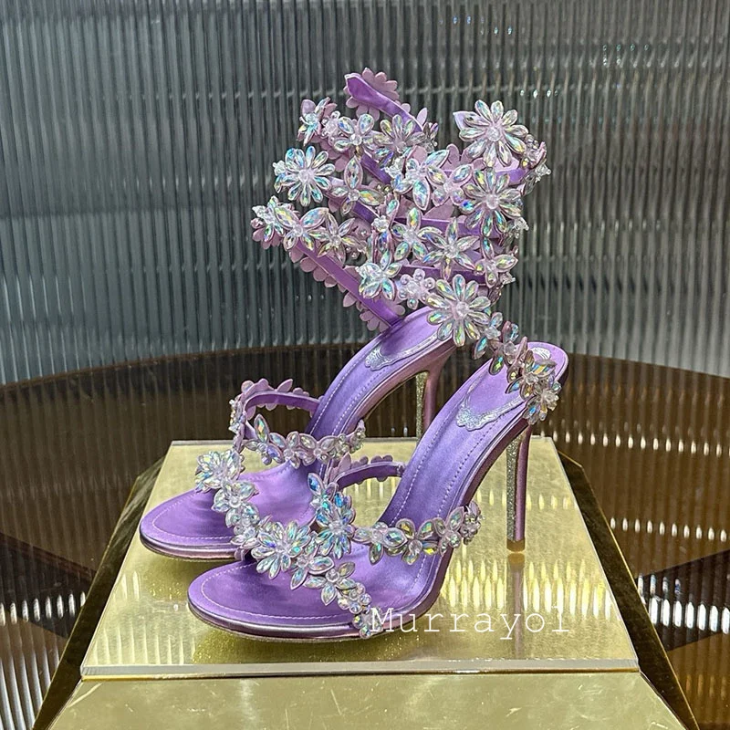 Sandals Women Real Leather Narrow Band Summer Flower Rhinestone Ankle Strap Thin High Heels Sandalias Wedding Party Dress Shoes view 2