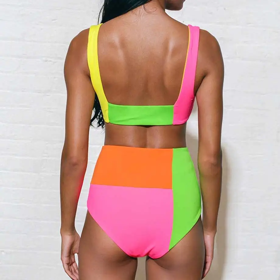 Bandaż damski strój kąpielowy fluorescencyjny Colorblock Bikini na plażę oddzielne stroje kąpielowe Bandeau Sexy wysoka talia dwie sztuki