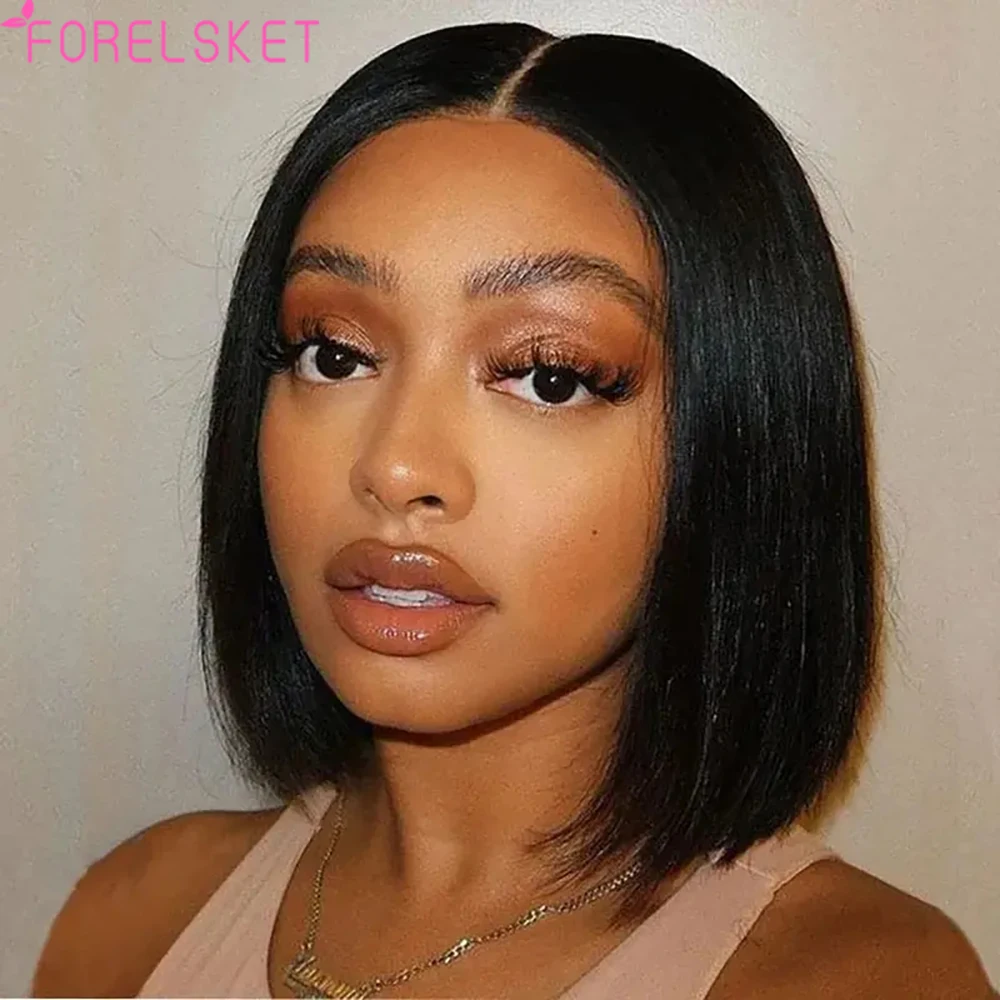 FORELSKET 180% density 4x4 Human Hair Wig Bob Cut Wig Short Straight Wig 4x4 Lace Front Human Hair Wig For Women