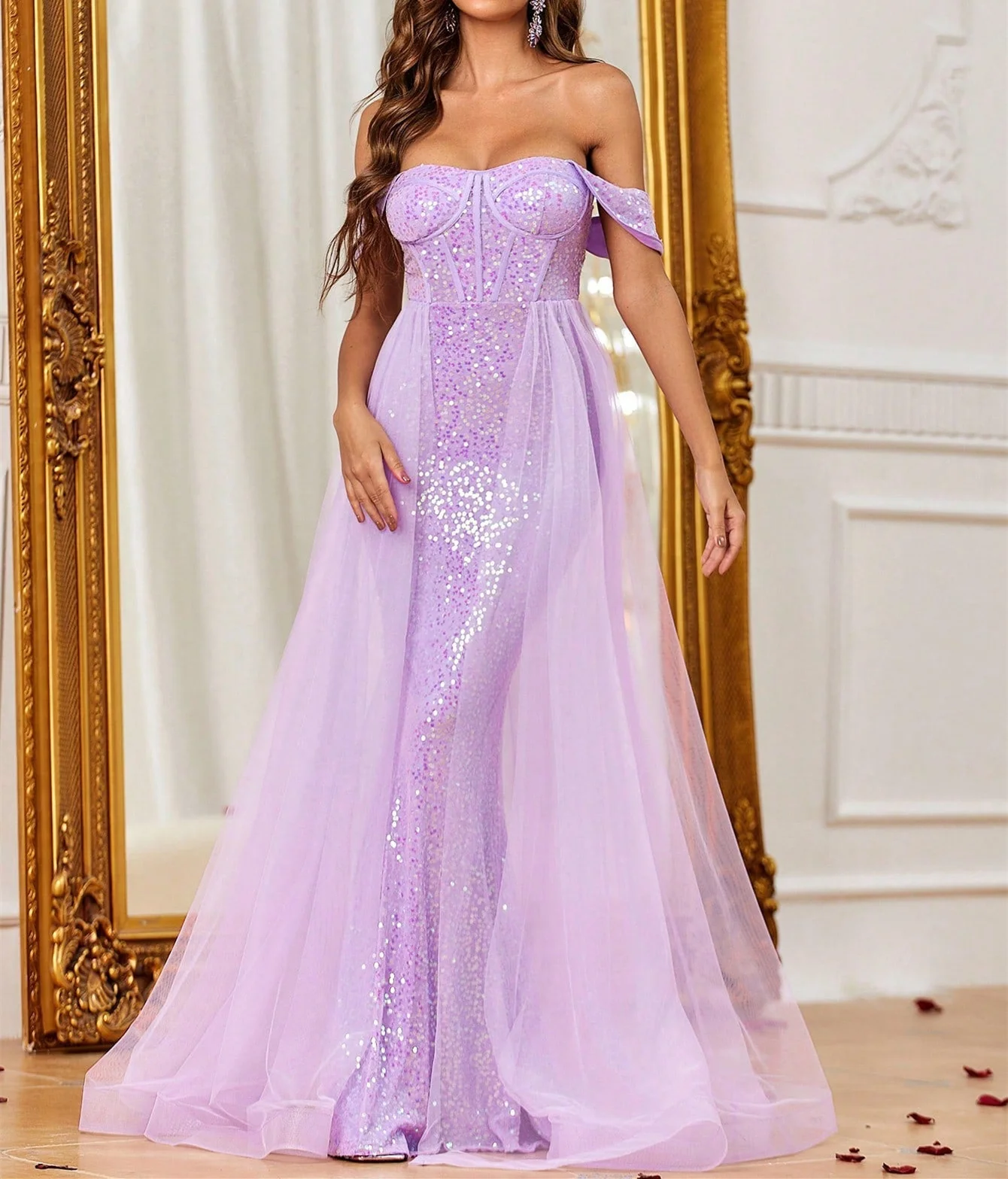 

Shining Off Shoulder Mesh Overlay Sequin Prom Dresses Ruched Zipper Up Floor-Length Mermaid Sweeth Ball Gown فساتين حفلة موسيقية