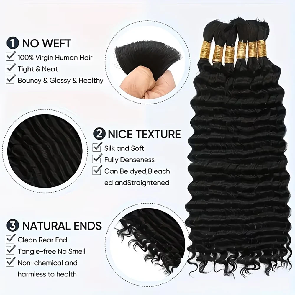 Deep Wave Bulk Braiding Hair ohne Tressen, brasilianische Bündel, Zöpfe, Extensions, 100 % Echthaar, lockiges Echthaar-Bündel für Boho-Zöpfe – Detail 3