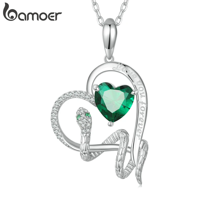 Bamoer Silver Color Love Heart Gemstone Charm Necklace For Women Snake Cat Koala Unicorn Sloth Animal Chain Link Necklaces Gifts