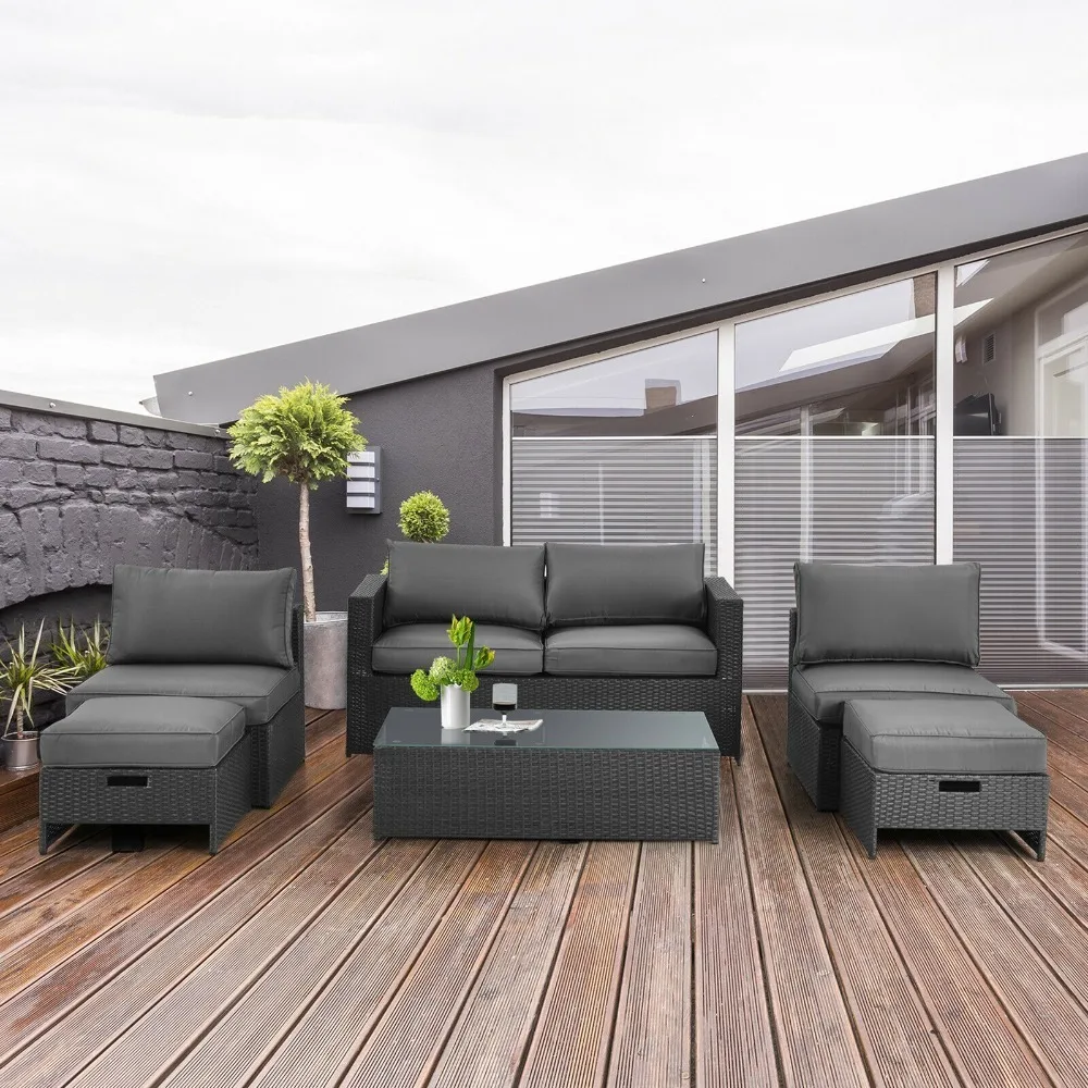 6PCS Rattan Patio Conversation Furniture Set Cushioned Sectional Sofa Set