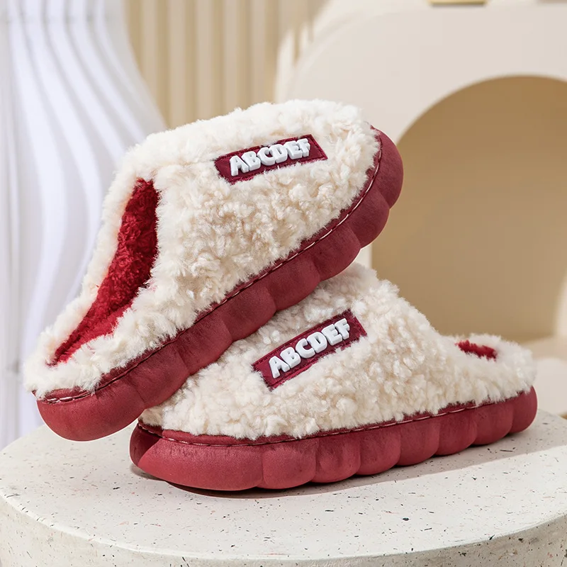 Thick Home Indoor Outside Boy Girl Slippers Winter Home Warm Fluffy Slippers High Heels Fur Cotton Shoes Ladies Couples TG07