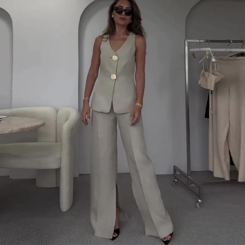 Women Office Lady Two Piece Sets Summer Sleeveless Tank Top High Waist Wide Leg Pants Suit Elegant Slim Fit Solid Splice Outfits