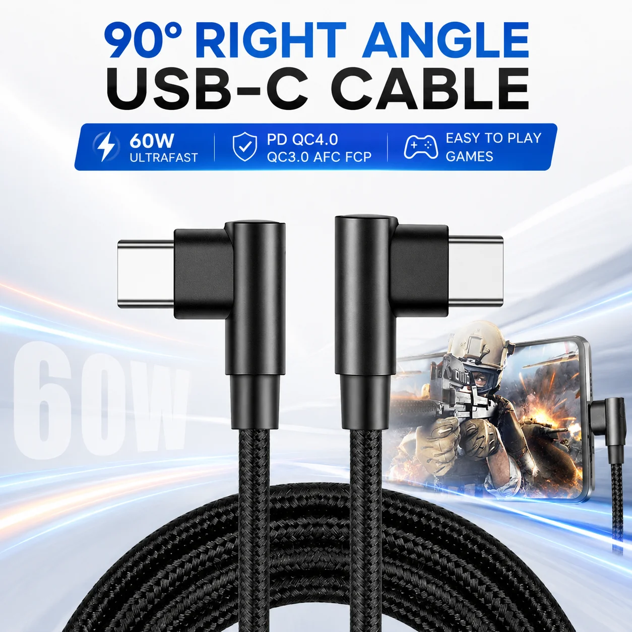 90-Grad-USB-C-auf-USB-C-Kabel, 60W Schnellladung, rechtwinkliges Typ-C-Kabel, Nylon geflochten mit Smart-Chip für Gaming-Handys und Tablets