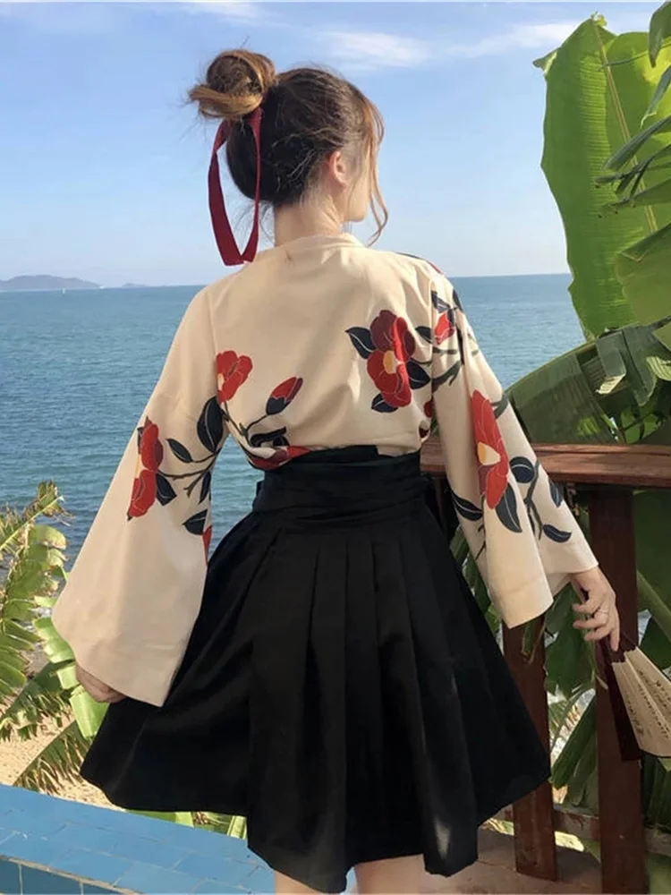 2023 Japanse Stijl Jurk Met Bloemenprint Cosplay Lange Kimono Rok Kawaii Kleding Meisjes Feestgewaad Set Vintage Kostuum Aziatische