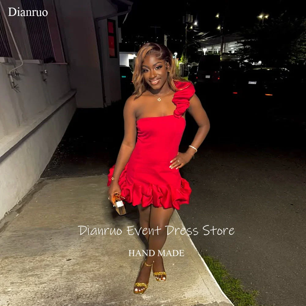 

Dianruo Charming Satin Pleat A Line Prom Dress Mini Ruched Evening Gowns 2025 Red One Shoulder Sleeveless Party Gowns Customized