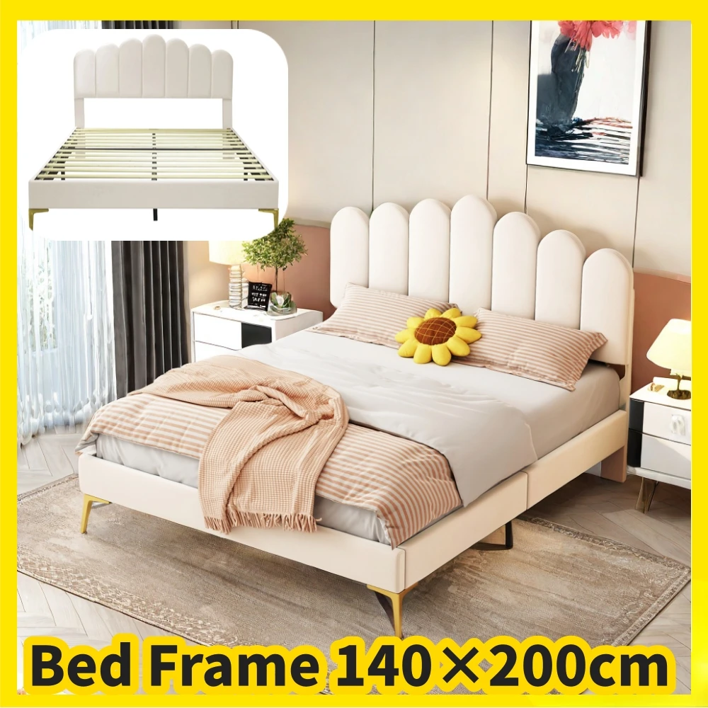 140 x 200 cm double bed frame, velvet Upholstered bed frame with headboard and slatted frame, youth
