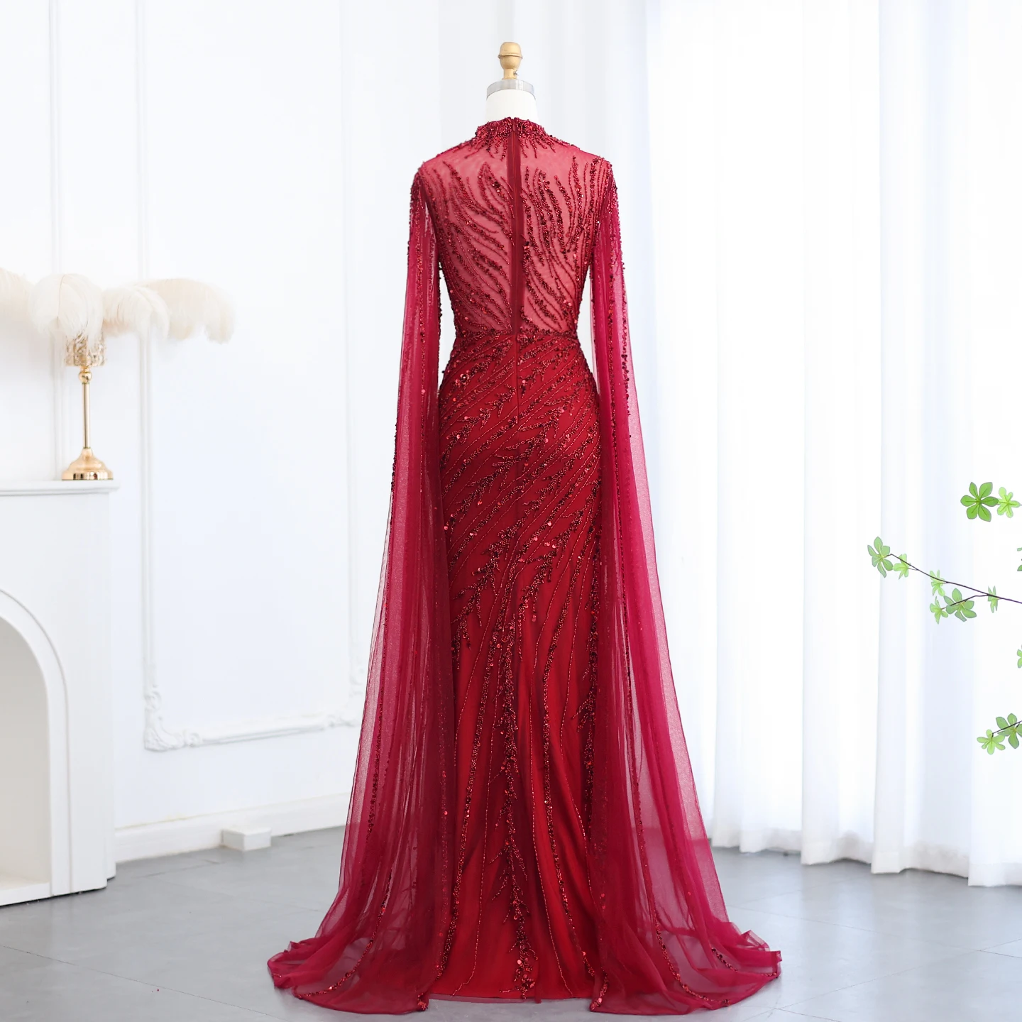 Sharon Said Luxuriöse Schwarze Nude Meerjungfrauen-Abendkleider mit Cape-Ärmeln, Hochgeschlossenem Kragen, Dubai Hochzeits-Party-Formelle Kleider SS162 Maßanfertigung – Detail 17
