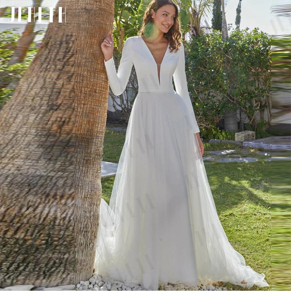 Guitar Hcondamned-Robes de mariée en satin élastique à col en V pour femmes, robes de mariée simples, robe A-Line, manches longues élégantes, patients, quel que soit le tulle Une élégante robe de mariage féminine robe