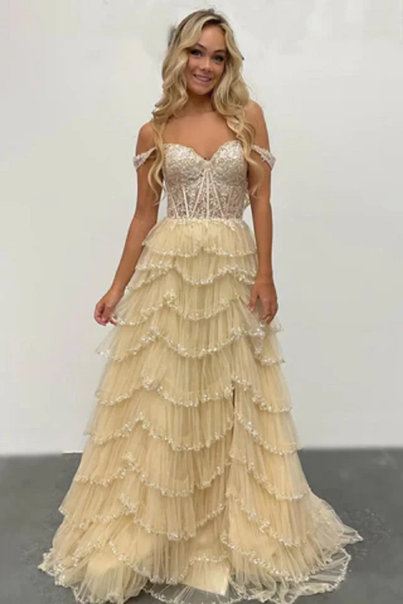 Off the Shoulder A-line Princess Tulle Ruffle Tiered Corset Dress With Slit Sweetheart  Lace Sequined Long Prom Dresses