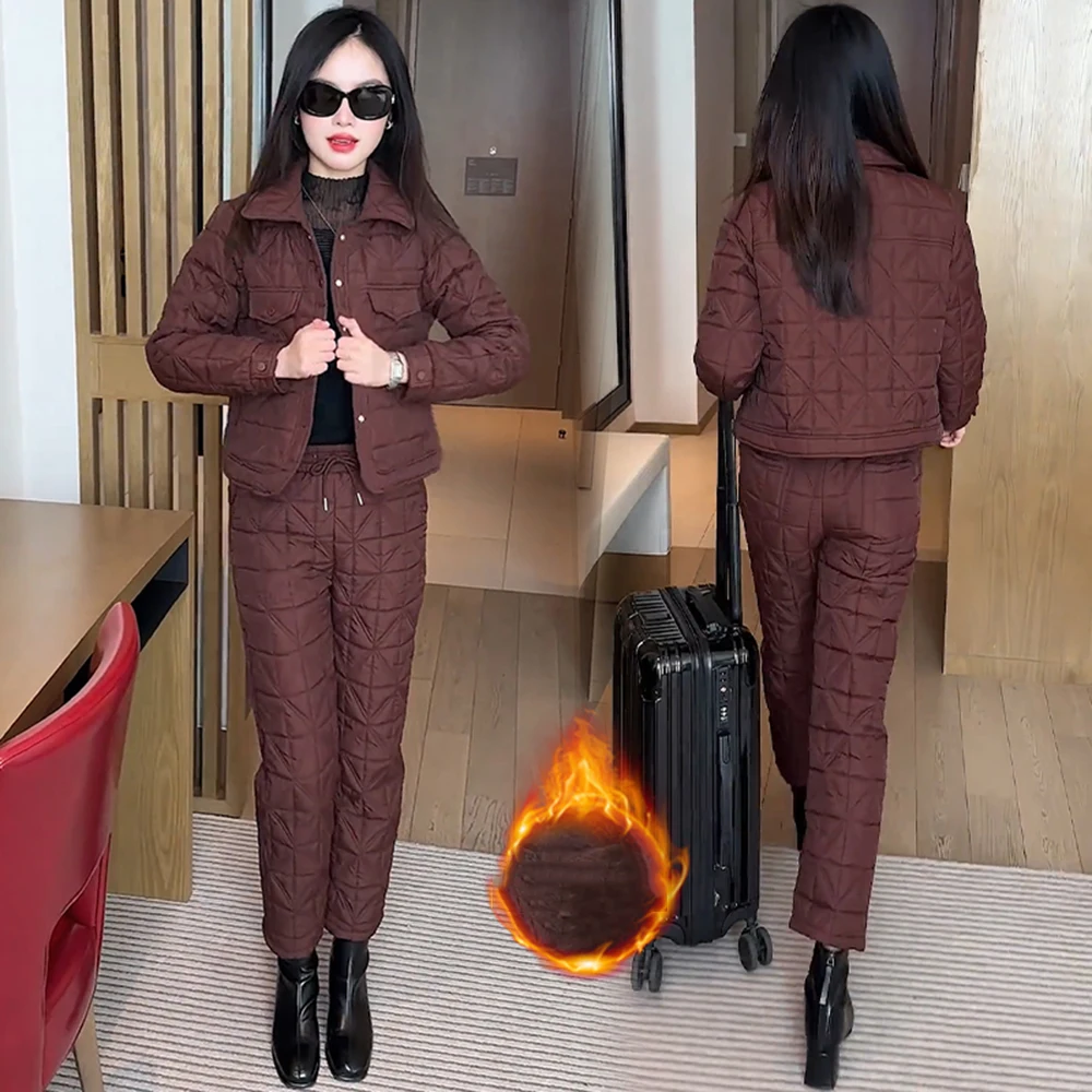 

Новый женский зимний пуховый хлопковый костюм в корейском стиле, модная короткая хлопковая куртка, теплые пуховые хлопковые брюки, женские тонкие брюки из двух предметов