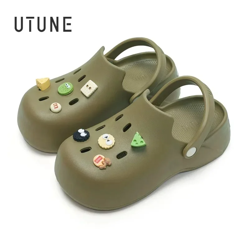 

UTUNE Thick Hole women's mules with heels Summer Sandals Charm Beach Outside Platform EVA Slides Soft Non-slip Indoor Slippers