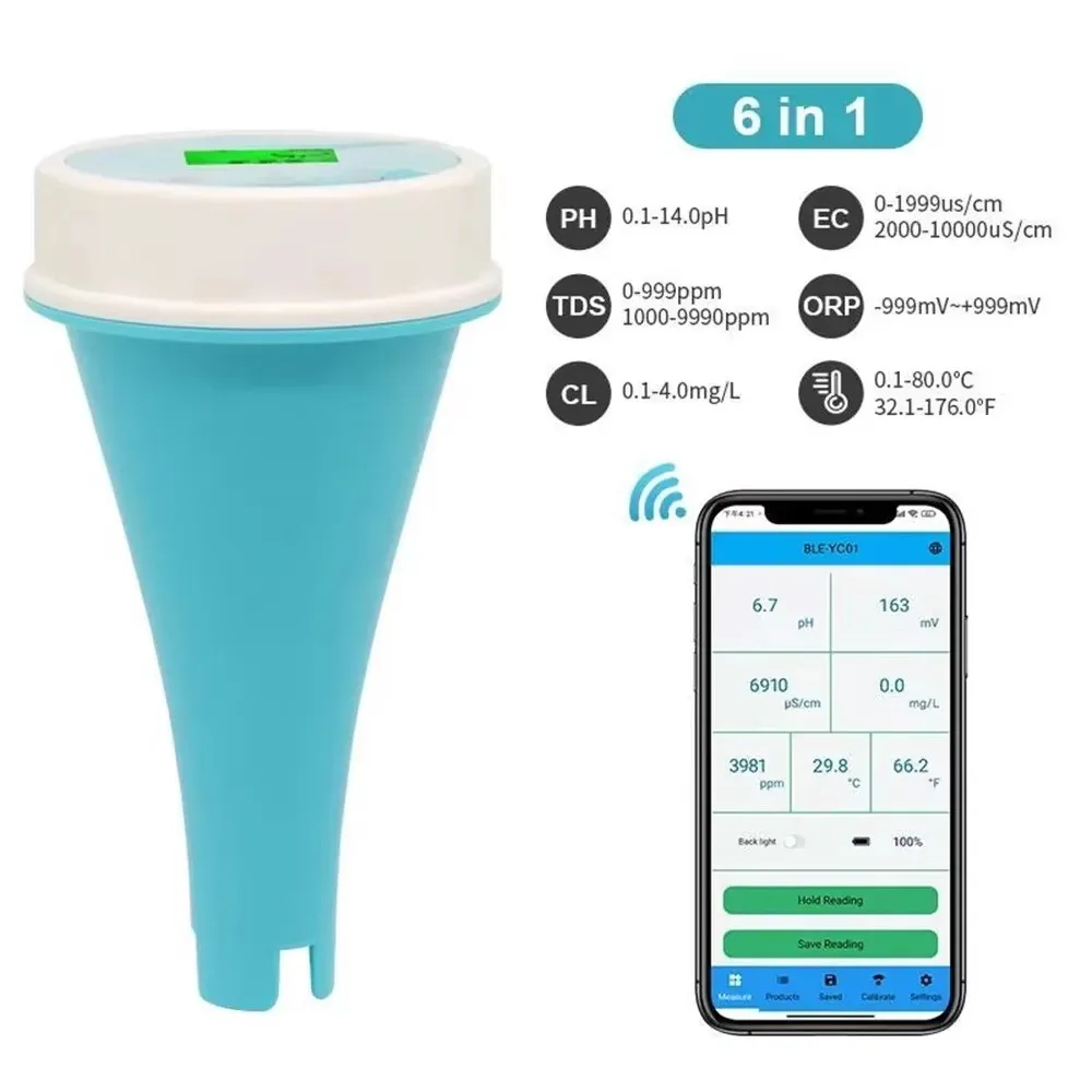 Temp Tester for Spa Pool Water with Bluetooth App New Floating Smart Swimming Pool Water Analyzer 6 in 1 pH Chlorine EC TDS ORP