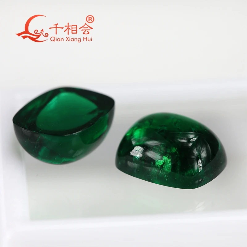 Long Cushion  shape flat back cabochon  Grown Hydrothermal emerald green color including minor cracks inclusions loose gem stone