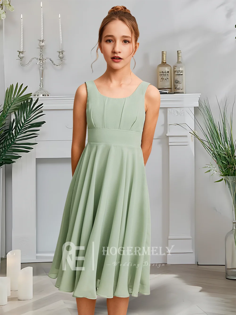 

A A-Line Junior Bridesmaid Dress Moonlit Celadon Flower Girl Dress Square Neck Chiffon Knee-Length Garden Party Wedding