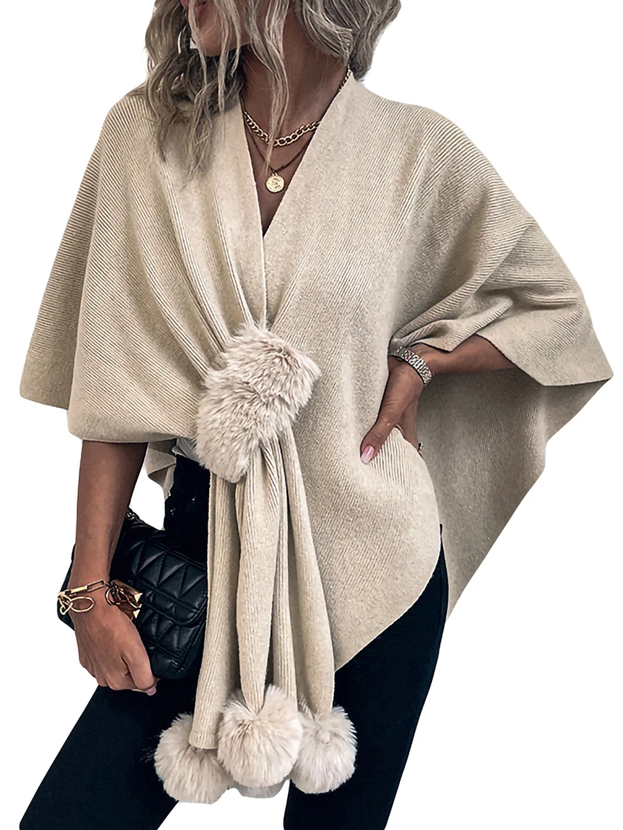 wsevypo Women Knit Poncho Cape Solid Color Bobbles V-Neck Cloak Sweater Outwear Autumn Winter Casual Warm Cardigan Wrap Shawl