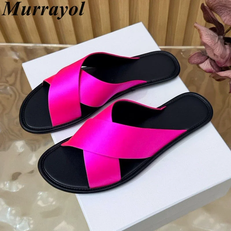 Slippers Flat Bottom Slippers Silk Satin Cross Band Design Open Toe Lazy Sandals Summer Sandalias Outdoor Vacation Shoes Unisex