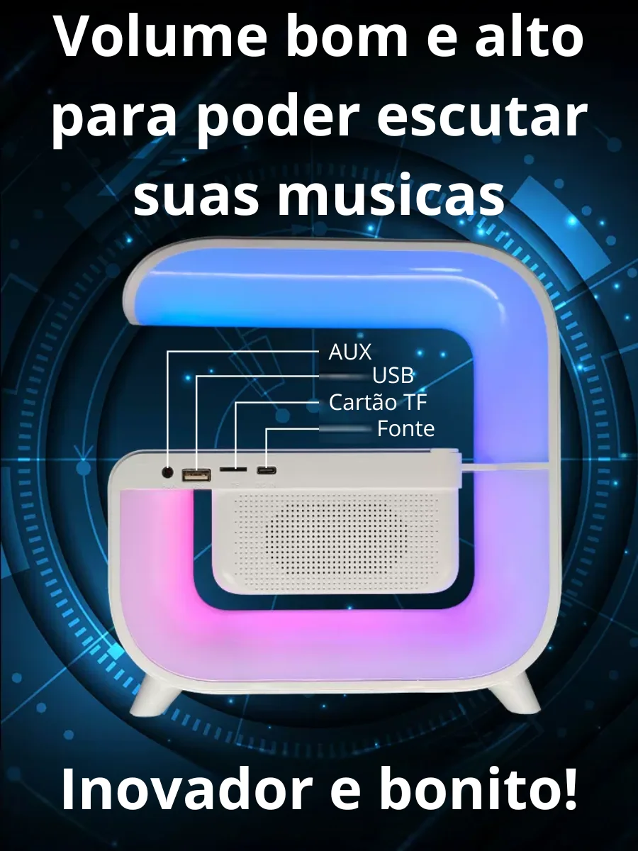 Relógio Despertador Luz RGB Multifuncional 6 em 1 Luzes ajustáveis, Caixa de som, Rádio FM, Recarregador sem fio de celular
