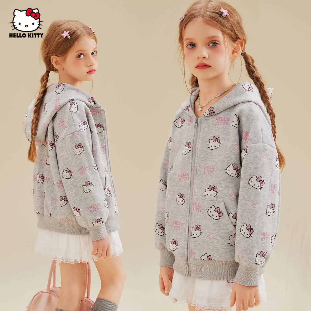 

[Officially Licensed] HelloKitty Kids' Spring & Autumn New Stylish Varsity Jacket - All-Print Hooded Sweat shirt