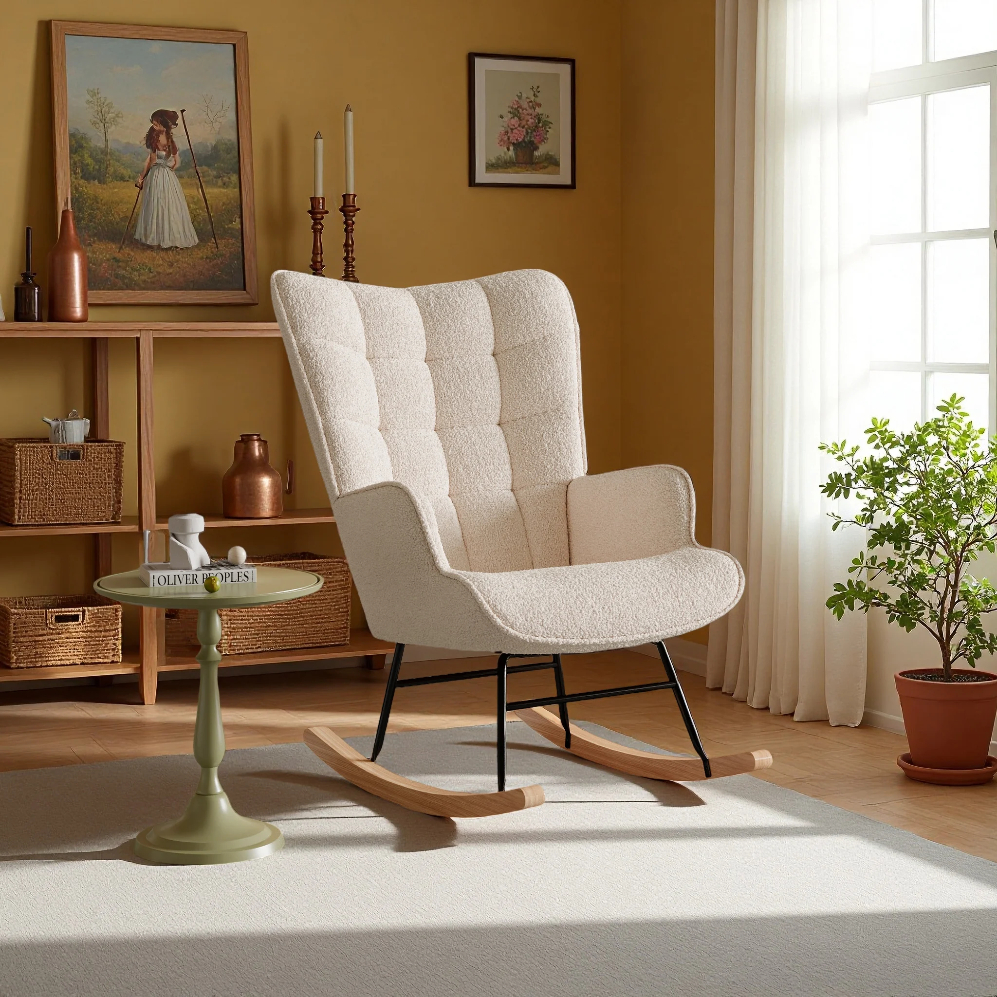 Fauteuil à bascule, fauteuil inclinable, balançoire, équipé d'accoudoirs et de rails en bois, adapté pour une utilisation dans le salon et la chambre.