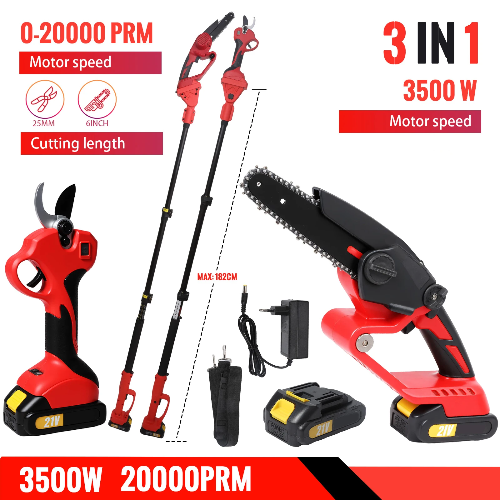 Scie à chaîne électrique télescopique 3 en 1, ciseaux électriques, outil de jardinage pour branches hautes, pour batterie 21V 18V