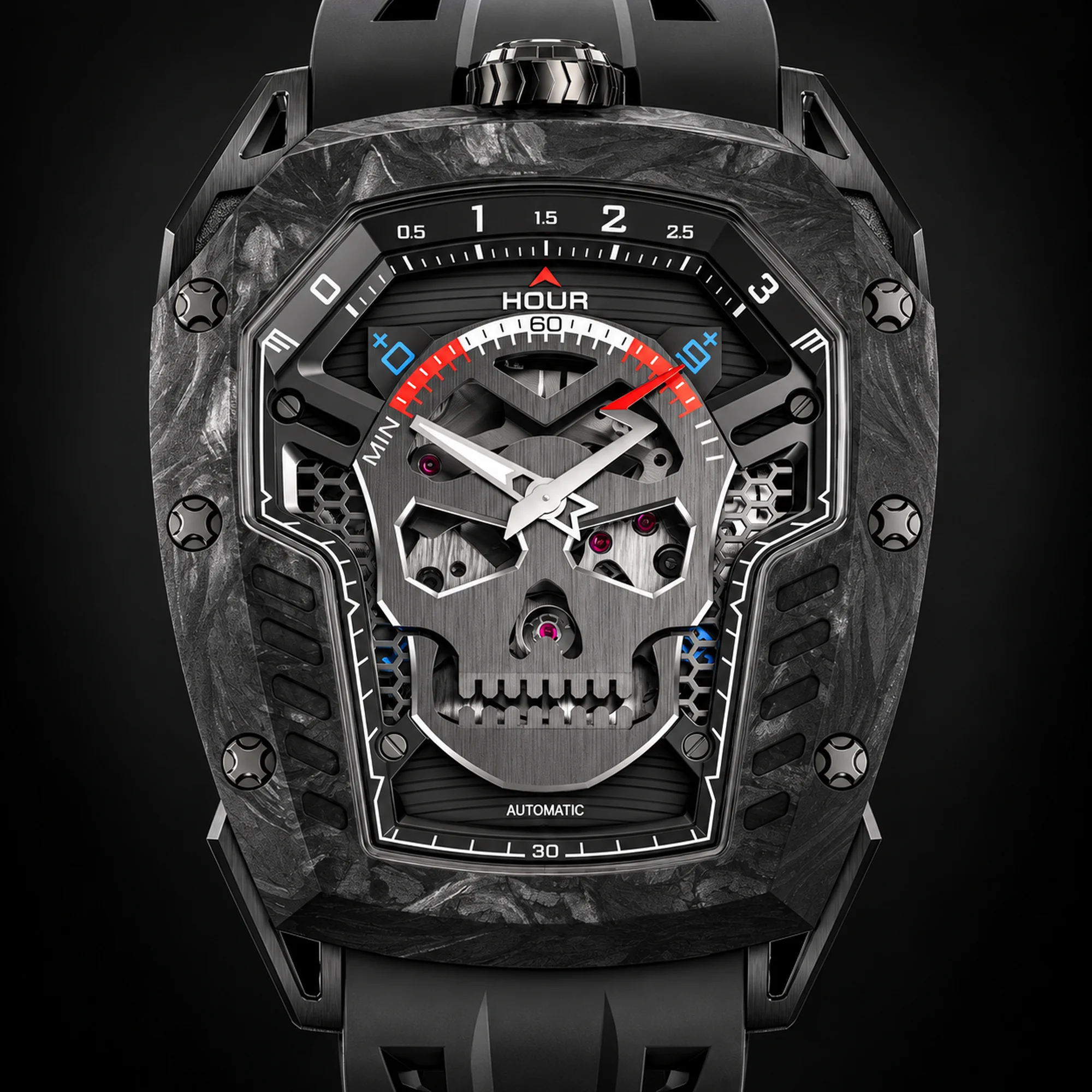TSAR BOMBA Men's Automatic Skeleton Watch, Skull Dial Day of the Dead, Stainless Steel Case, Carbon Fiber Bezel, Sapphire, 50M